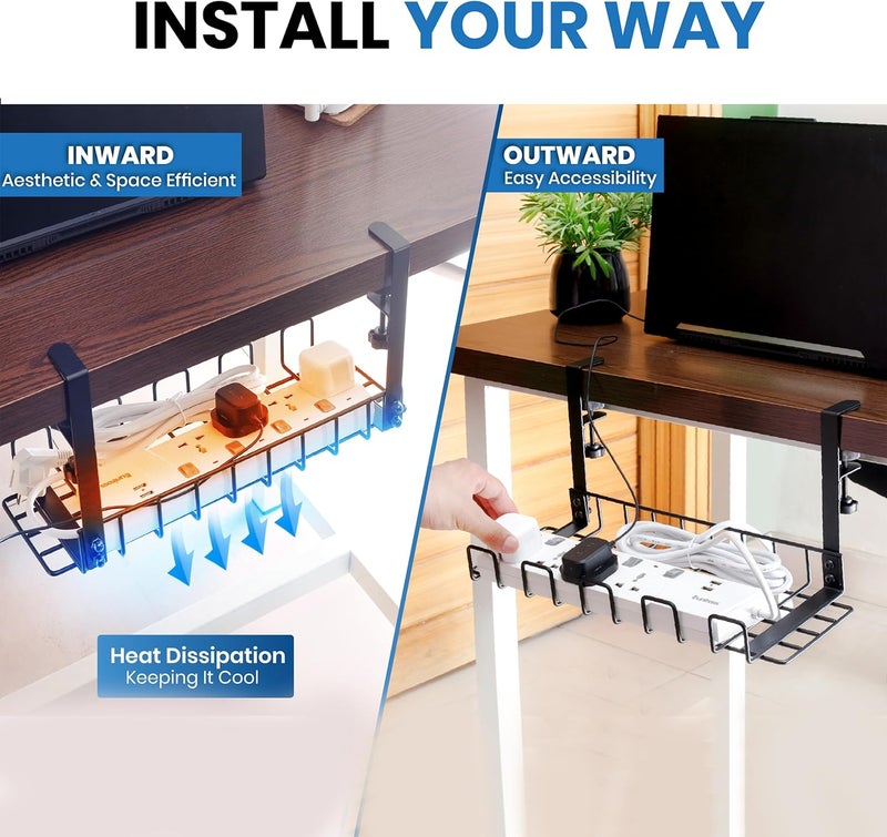 WTADAY Under Desk Cable Management Tray, 16” No Drill Cord Organizer with Clamps for Wire Management, 4mm Sturdy Wire Desk Cable Organizer Tray, Cable Management Rack for Office - Image 4